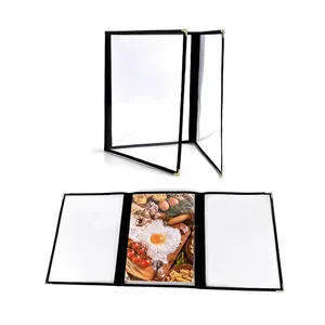 Triple Fold Transparent Leather Clear Food Menu Covers A4 Restaurant Hotel Foldable Menu Folders With 3 Pages 6 Views