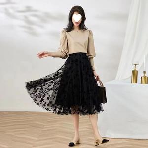 Gonna lunga da donna elegante casual a vita alta, a trapezio, con ricamo floreale, plissettata, tinta unita, taglie forti - Product Image 2