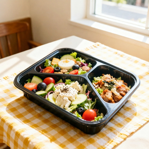 Boîte alimentaire jetable en plastique à 3 compartiments avec couvercle transparent anti-buée, boîte à bento noire <span class=keywords><strong>pour</strong></span> la préparation des repas et les salades - Product Image 2