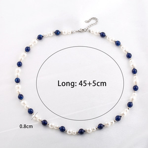 สร้อยคอไข่มุกเทียมสีฟ้าสีขาวลูกปัดมุกเทียมสไตล์จีนสมัยใหม่สำหรับผู้ชายผู้หญิงสั้นเครื่องประดับอินเทรนด์ - Product Image 4