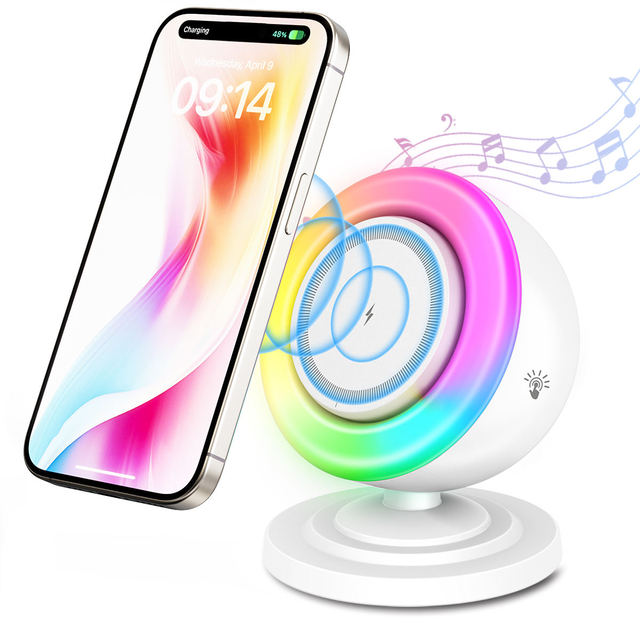 Multifunctional Magnetic Wireless Charger with BT Speaker, Dimmable LED Night Light for Home Decoration, Bedroom, Office, Gift