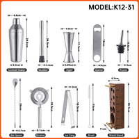Nouveau design d'usine, vente en gros, ensemble de shaker à cocktails en acier inoxydable 12 pièces, kit de barman avec support en bois