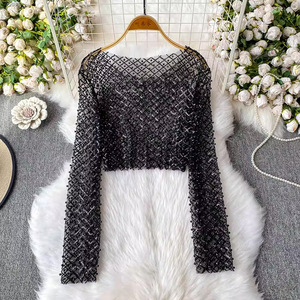 T-shirt court à manches longues pour femme, style européen, nouveau, élégant, haut de gamme, avec des <span class=keywords><strong>perles</strong></span> et des paillettes, col rond, coupe ajustée - Product Image 6