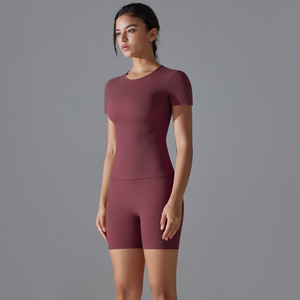 Haut court de yoga taille haute pour femme, 1 pièce, manches courtes, écologique, respirant, polyester/nylon, color block, strass, élastique - Product Image 2