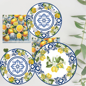 Ensemble de fournitures de fête bleu citron style méditerranéen, vaisselle jetable avec assiettes, gobelets, serviettes et bannière pour fête prénuptiale estivale - Product Image 2