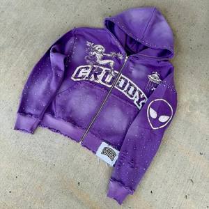 Fabricantes de ropa para hombres, sudaderas con capucha recortadas, chaqueta con cremallera lavada con ácido, sudadera con cremallera de diamantes de imitación desgastada Vintage personalizada - Product Image 2