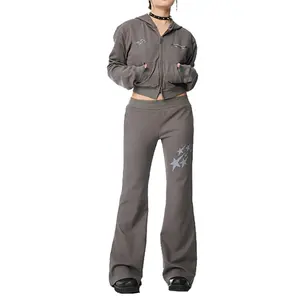 Finch Garment 100% cotton tracksuit heavyweight crop ladies hoodie and flared pants two piece track suit