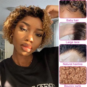 Perruque en cheveux humains pas chère, perruque en dentelle transparente 13X1 pour femmes, <span class=keywords><strong>coupe</strong></span> pixie, cheveux humains courts <span class=keywords><strong>bouclés</strong></span> - Product Image 1