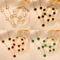 Conjunto de Collar, Pulsera y Aretes de Trébol de Cinco Hojas con Forma de Flor de la Suerte, Chapado en Oro de 18k, de Acero Inoxidable, para Mujer