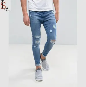 Celana Jeans 2019 Sobek Biru untuk Pria, Celana Jin 4% Bahan Katun Hip Hop Berlubang Biru 96% untuk Pria