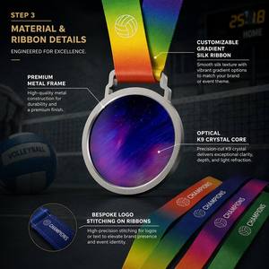 Medalla de Cristal Metálica Personalizada de Élite con Impresión UV a Todo Color, Medalla Creativa Deportiva y Académica con Cinta de Seda Degradada - Product Image 3