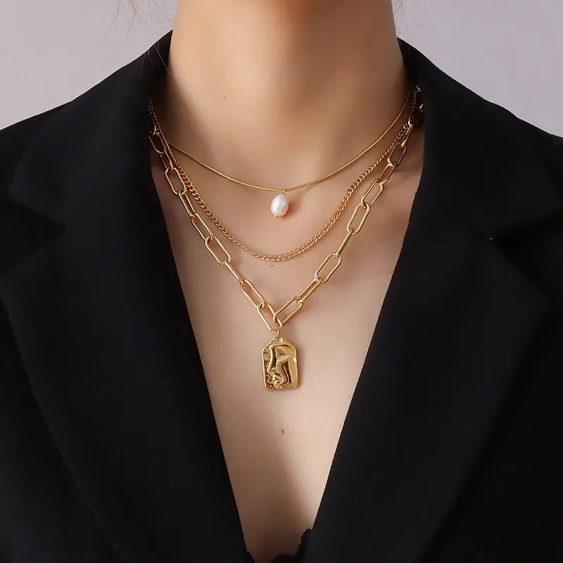 Fashion Design Three Layers Irregular Pearl Square Disc Gold Plated Stainless Steel Chain Chokers Necklace For Women