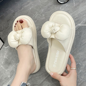 2023 Ladies Designer <strong>Footwear</strong> Soft Leather Upper Bow <strong>Strap</strong> Outdoor Flip Flops Women Fashion Flat Sandals Bowknot Slipper