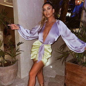 Ensemble deux pièces pour femme, combinaison en satin à col en V profond, jupe moulante taille haute, style décontracté pour soirée, orange, rouge, violet - Product Image 3