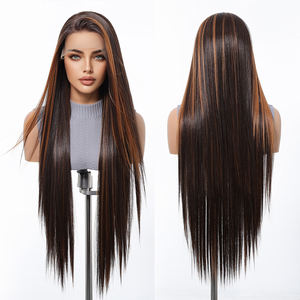 Estilo libre 13*6 HD U Peluca de encaje fibra sintética futura peluca suave Natural larga recta mezclada 180% densidad marrón oscuro Ombre rojo suave - Product Image 1