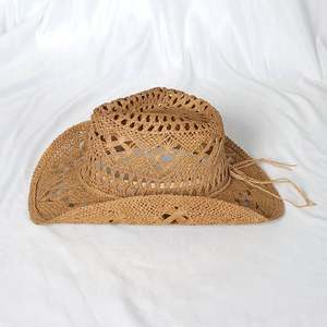 Chapeau de cowboy en paille vintage de haute qualité pour l'été, vente en gros, style western, pour adulte, avec cordon coupe-vent - Product Image 4