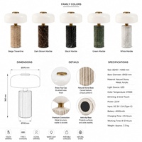 Lampe de table en marbre en forme de champignon, rechargeable USB-C, verre opale, base en pierre foncée, LED sans fil 3W, chambre à coucher