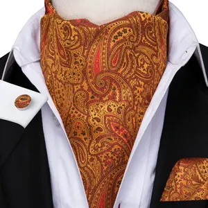 Set di cravatte per gemelli Ascot Hanky in seta da uomo classico giallo arancione floreale Paisley