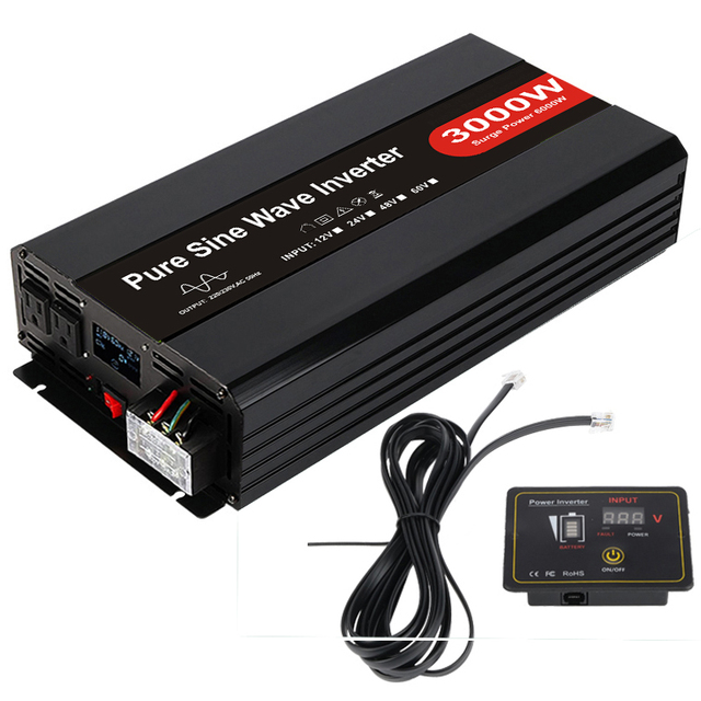 Pure Sine Wave 3000W Power Car Inverter 12V DC 110V AC Remote Control LCD Display Peak Power 6000W 60Hz Output for Home RV Truck