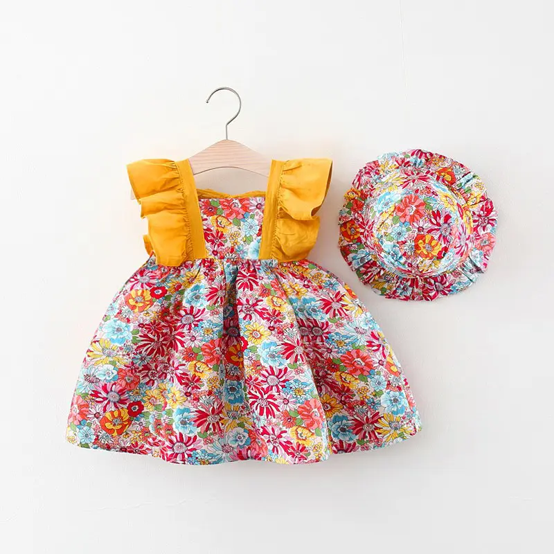 Nouvelles fleurs fragmentées bébé fille robe robes de princesse avec chapeau bébé fille jupe ensemble doux bord de mer vacances bébé fille 3D été