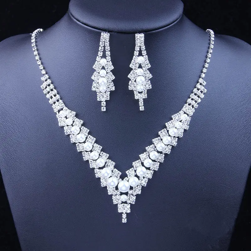 3pcs Rhinestone Chain Pearl Sets Necklace Earring Ring Bracelet Wedding Bridal Jewelry Set for Women Gifts