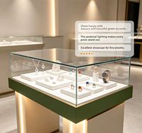 Vitrine de présentation de bijoux en verre et bois avec éclairage LED, couleurs personnalisables et caractéristiques écologiques