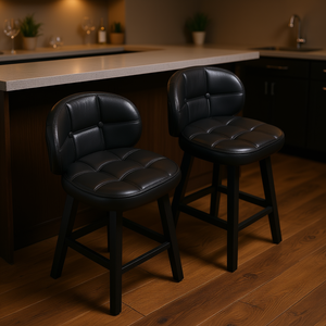 Juego de 2 taburetes de bar, asiento tapizado en cuero sintético negro, base de madera, estilo rústico moderno para uso doméstico o comercial - Product Image 2