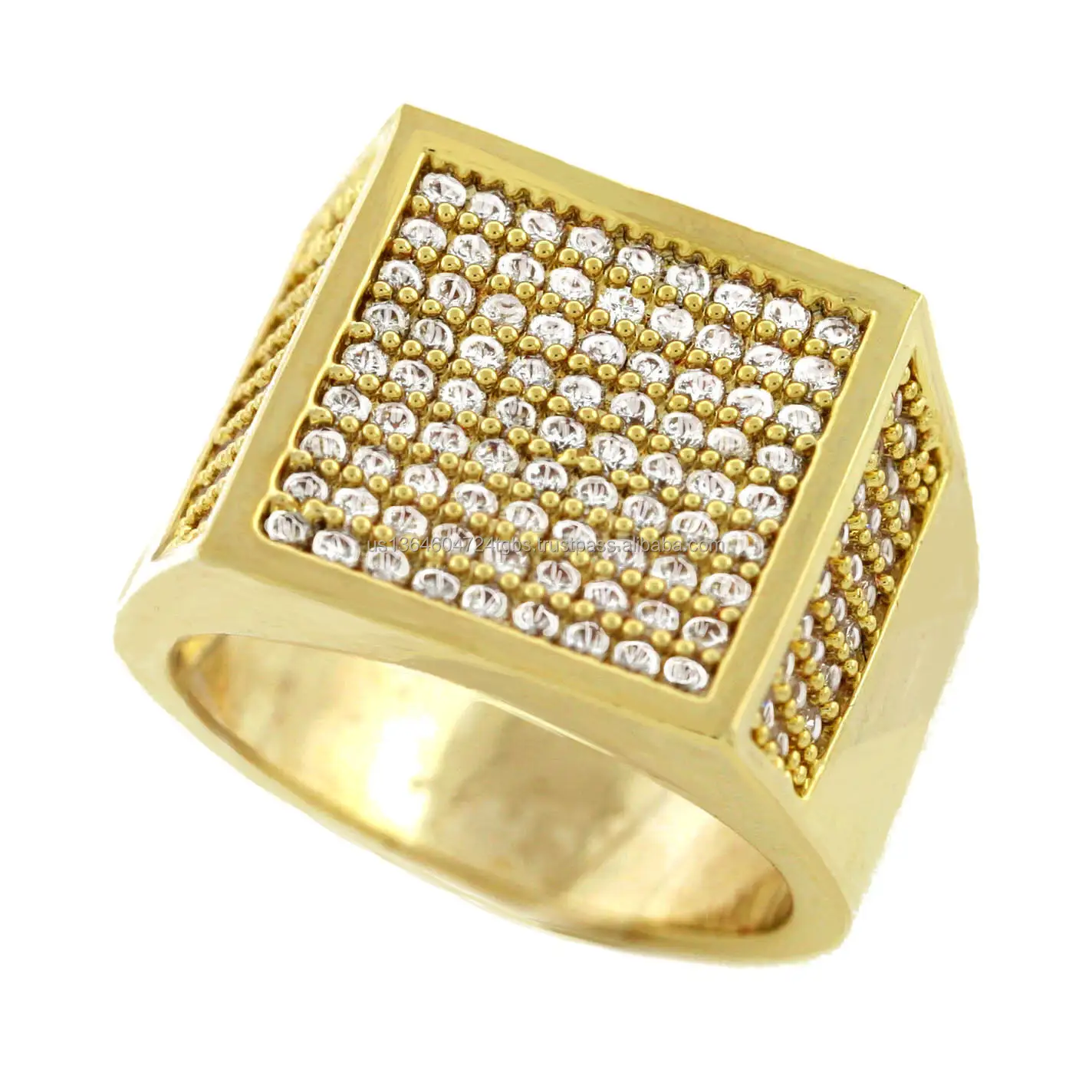 Light weight 14K Gold Plated Sized Square Ring with Iced CZ with Mciropaved prongsetting By A Class A Collection