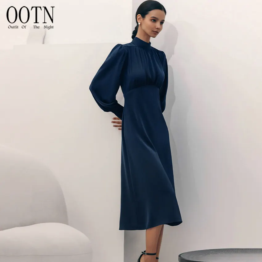 OOTN Flowing Vintage Navy Office Ladies Midi Dress 2023 Satin Lace-Up Drape Dress Turtleneck Elegant Women Office Dress