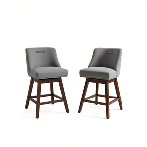 Juego de 2 taburetes de bar giratorios tapizados en tela gris, base de madera de 26 pulgadas de alto, muebles de bar modernos y contemporáneos - Product Image 1
