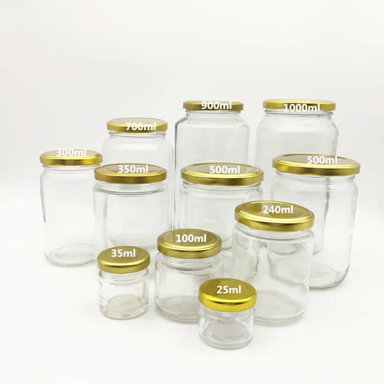 Rond de qualité alimentaire transparent 25ml à 1000ml confiture gelée de miel bocal en verre avec métal couvercle hermétique
