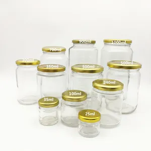 Cấp Thực Phẩm Vòng Trong Suốt 25Ml Đến 1000Ml Mứt Mật Ong Jelly Glass Lưu Trữ Jar Với Kim Loại Kín Nắp