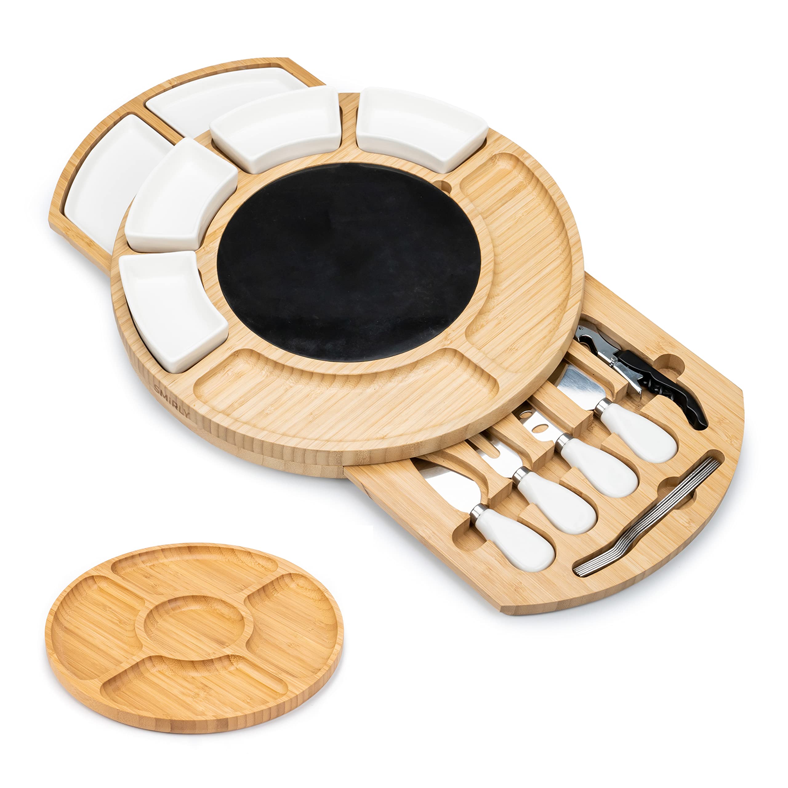 Прямая продажа, круглая большая доска для колбасных изделий из дерева акации, Бамбуковая доска для резки сыра с ножами