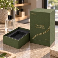 Kotak Parfum Tegak Berbahan Kertas Khusus Bertekstur Hijau Zaitun A3315-G06 dengan Logo Kustom, Ukuran 10x10x14cm, Dilengkapi Busa Timbul dan Lapisan Matte