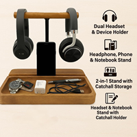 Support double pour casque en bois de bambou BH Wood, support pour 2 casques, téléphone et tablette