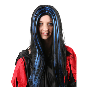 Peluca negra larga y recta con reflejos azules para Halloween, fiesta <span class=keywords><strong>de</strong></span> Cosplay, puesta en escena, Ideal para disfraces <span class=keywords><strong>de</strong></span> bruja vampiro - Product Image 1