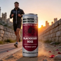 Seltzer Énergétique Riche en Protéines Saveur Mûre et Rose 10g Protéines de Lactosérum 10% ABV Bouteilles Pétillantes Alcoolisées Personnalisables Post-Entraînement