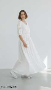Handmade White Linen Maxi <b>Kaftan</b> <b>Womens</b> Robe Dress Custom Size XS 7XL V-neck Short Sleeve A-Line Eco-Friendly Party Wear B2B - Product Image 6