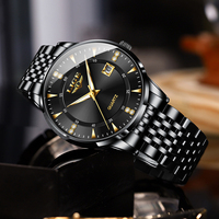 Montre de luxe pour homme LG89150 noire ultra-fine, à quartz, avec date, étanche, en acier inoxydable, bracelet 20 mm, aiguilles simples, finition diamant doré