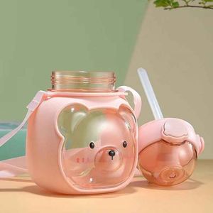 Cute Bear Shape <b>Plastic</b> Water Bottle With Strap Push Button Cap For Children Outdoor Travel Hiking Camping Cartoon Design Bpa - Product Image 2