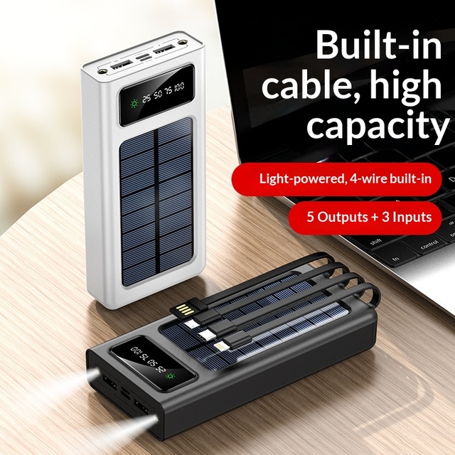 New Style Model Lithium-ion Battery with Built-in Cable 20000mAh Portable Power Bank 10W Output QC 2.0 Solar Energy