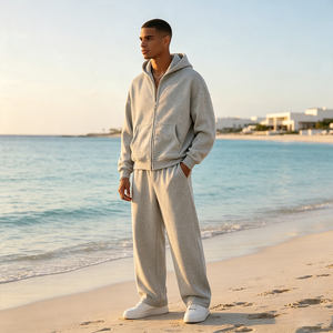 Set Due Pezzi Personalizzato con Felpa con Zip Grigio Chiaro e Pantaloni a Gamba Larga, <span class=keywords><strong>Tuta</strong></span> Casual Streetwear per Uomo e Donna - Product Image 2
