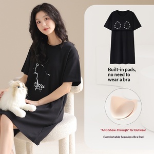 Sweethoney Camicia da notte estiva da donna con imbottitura sul petto, girocollo, motivo a tinta unita, in puro cotone, casual, pullover, abbigliamento da notte, vestito di media lunghezza - Product Image 2