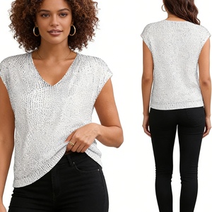 Women's Sequin V-Neck Cap Sleeve Blouse - Sparkly Party <b>Top</b> Womens Clothes Shirt Fashion - Product Image 5