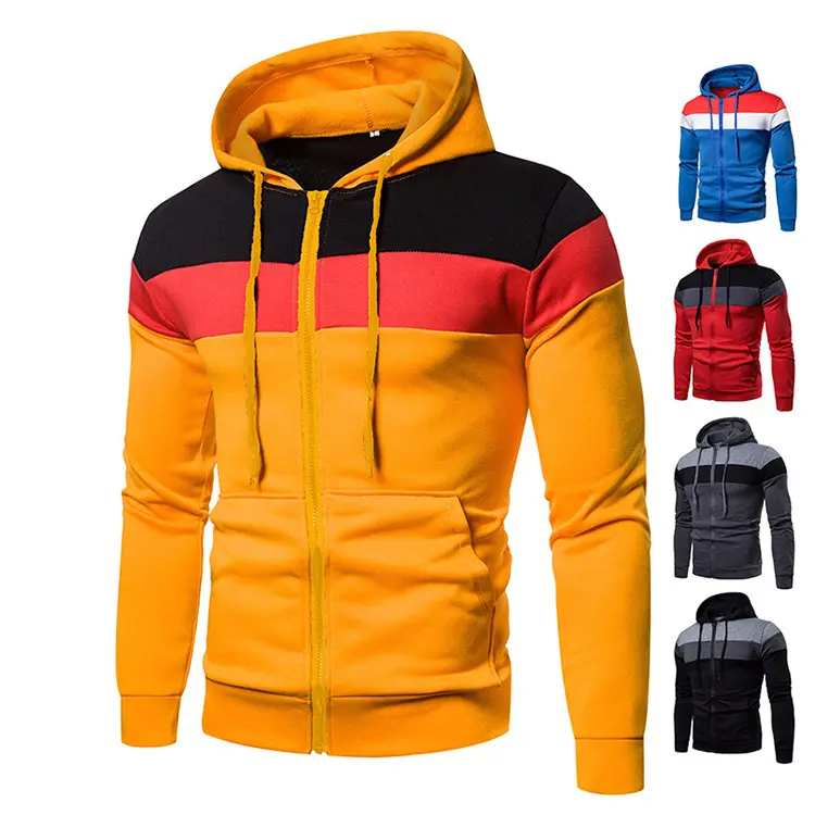 Men's Sport Patchwork Hoodie Casual Zipper Cardigan 100% Polyester Heavy Cotton Sweatshirt