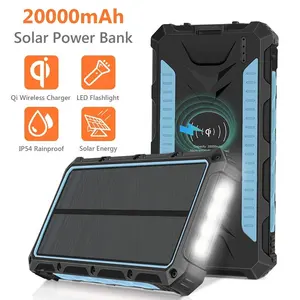 태양 충전기 20000mAh Qi 무선 휴대용 태양 전원 은행 방수 외부 백업 배터리 팩 LED 손전등