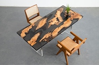 Table tendance en bois d'olivier et résine époxy quadrate complète - Table à manger et à thé en bois massif avec bloc de résine unique