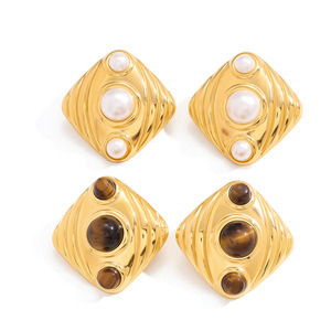 Geometric <b>Stud</b> <b>Earrings</b> Gold Plated Tiger Eye And Faux Pearl Bezel Setting Stainless Steel Jewelry For Gift - Product Image 5