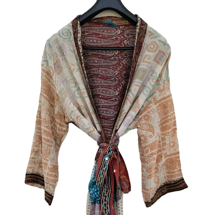 Vintage Zijde Saree Casual Kimono Hippie Sari Bohemian Nachtjapon Vrouwen Strandkleding Sexy Zijden Kimono In Groothandelsprijs