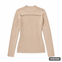 Haut en maille décontracté pour femme, couleur abricot, respirant, col montant, manches longues, découpes, boutons métalliques, côtelé, coupe ajustée, pull très extensible, idéal printemps